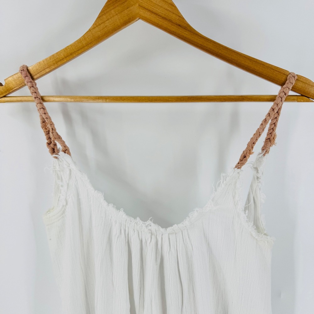 Barine White Gauze Cotton Pink Rope Strap Midi Dress Size L Beachy Boho Natural - Picture 7 of 8